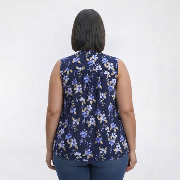 Plus Size Napa Valley Sleeveless Floral Bloom Pleat Henley Blouse