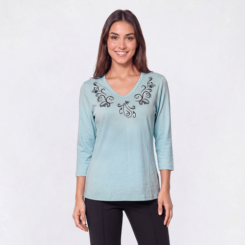 Womens Hasting & Smith 3/4 Sleeve Paisley Embroider V Neck Tee - image 