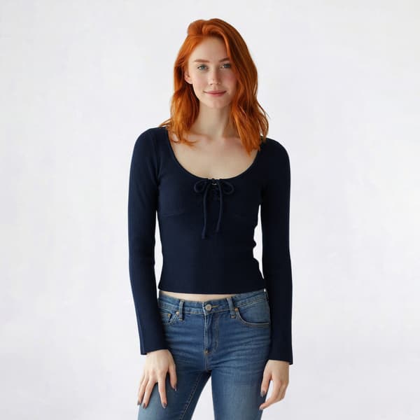 Juniors Madden Girl Long Sleeve Waffle Tie Front Bell Sleeve Top - image 