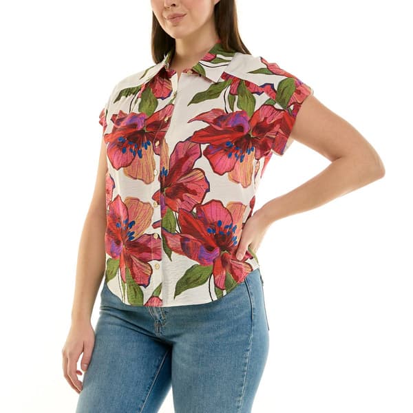 Womens Zac & Rachel Cap Sleeve Hibiscus Button Front Blouse