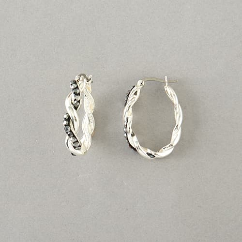 Silver Plated Brass Black Crystal Twisted Hoop Earrings