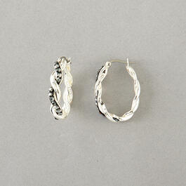 Silver Plated Brass Black Crystal Twist Hoop Earrings