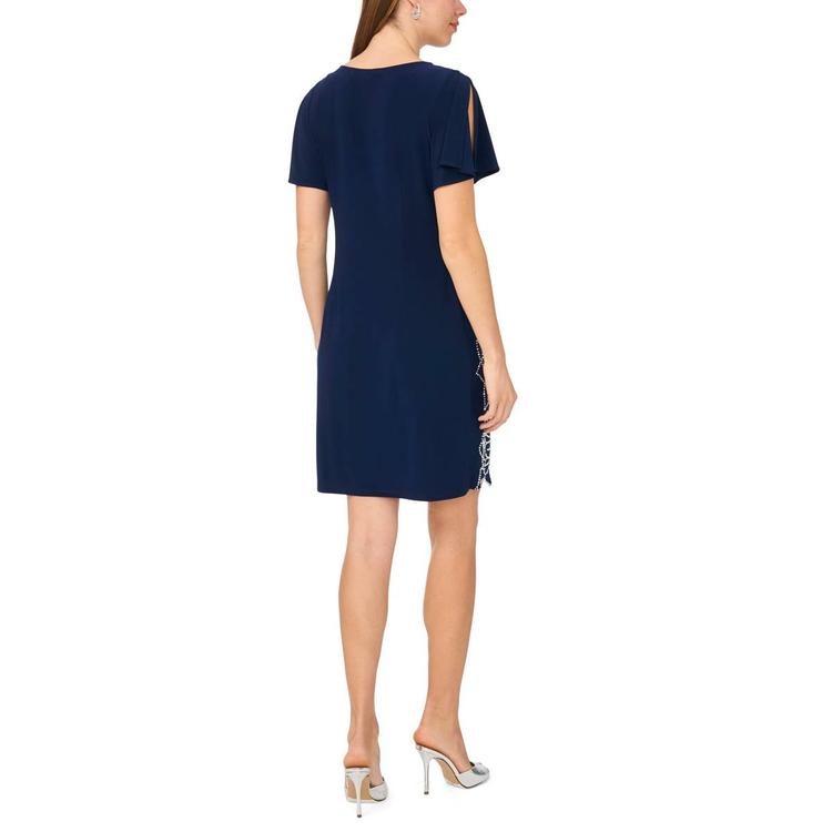 Womens MSK Short Sleeve V Neck Beaded Rose Trim Sheath Dress