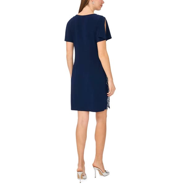 Womens MSK Short Sleeve V Neck Beaded Rose Trim Sheath Dress