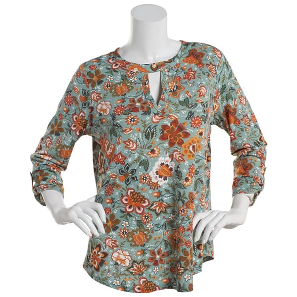 Womens Cure 3/4 Sleeve Roll Tab Floral Crepe Keyhole Blouse
