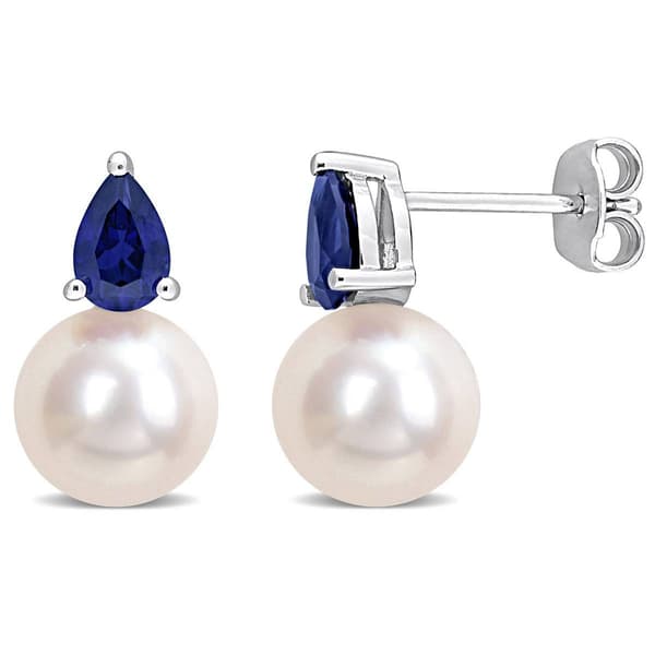 Gemstone Classics(tm) Freshwater Pearl & Sapphire Stud Earrings