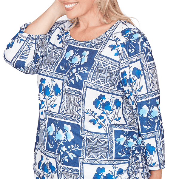 Plus Size Alfred Dunner Mykonos Floral Ruched Side Tie Blouse