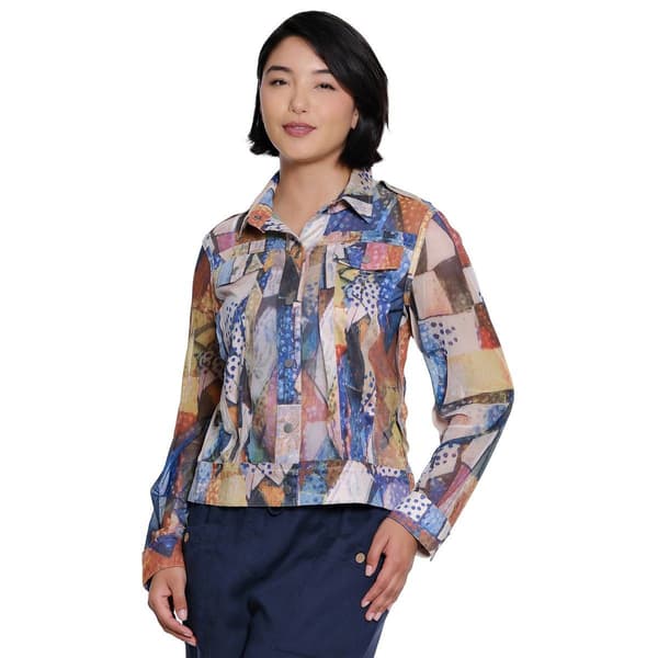 Womens Ali Miles Long Sleeve Abstract Button Front Mesh Blouse