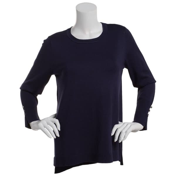 Womens Retrology Crew Neck Button Sleeve Side Slit Sweater - image 