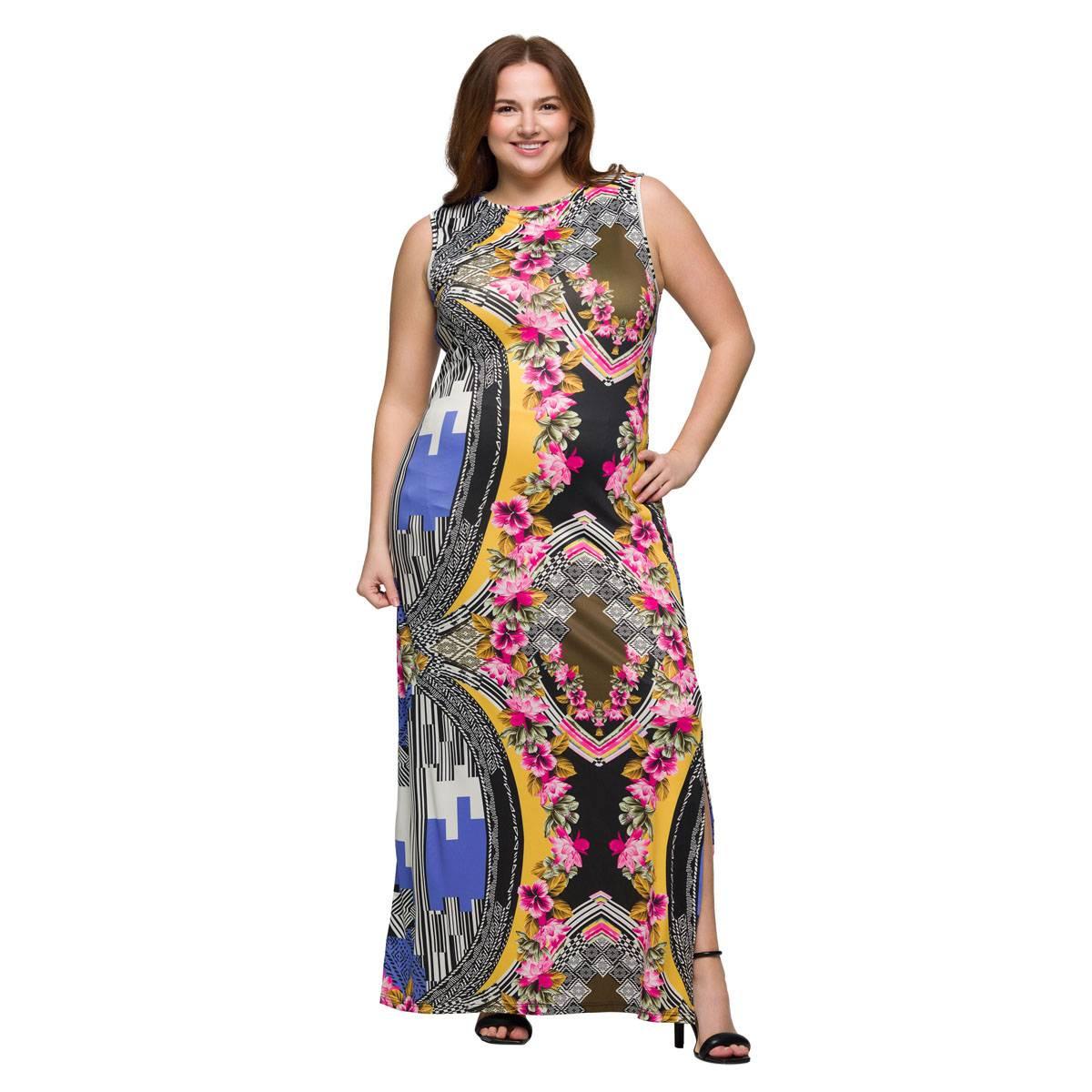 Plus Size 24/7 Comfort Apparel Geometric Floral Maxi Dress