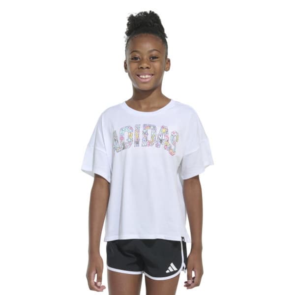 Girls (7-16) adidas(R) Short Sleeve Drop Shoulder Flower Text Tee