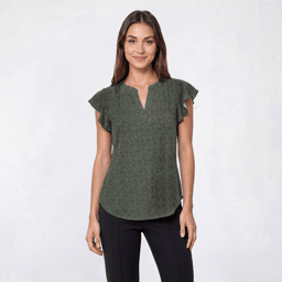 Womens Adrianna Papell Flutter Sleeve Leaf Split Neck Blouse