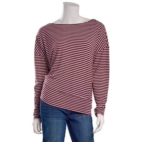 Juniors Pink Rose Long Sleeve Stripe Wide Neck Dolman Top - image 
