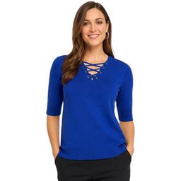 Womens Cable & Gauge Elbow Sleeve Solid Lace Up Neck Sweater