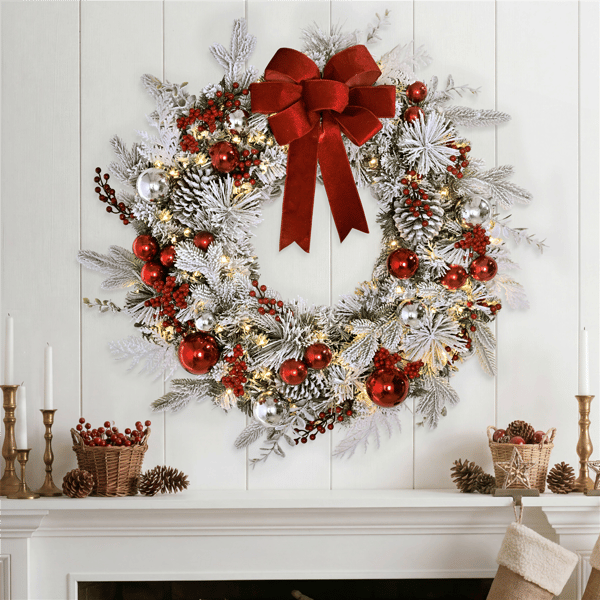 Puleo International 32in. LED Adorned Flocked Artificial Wreath