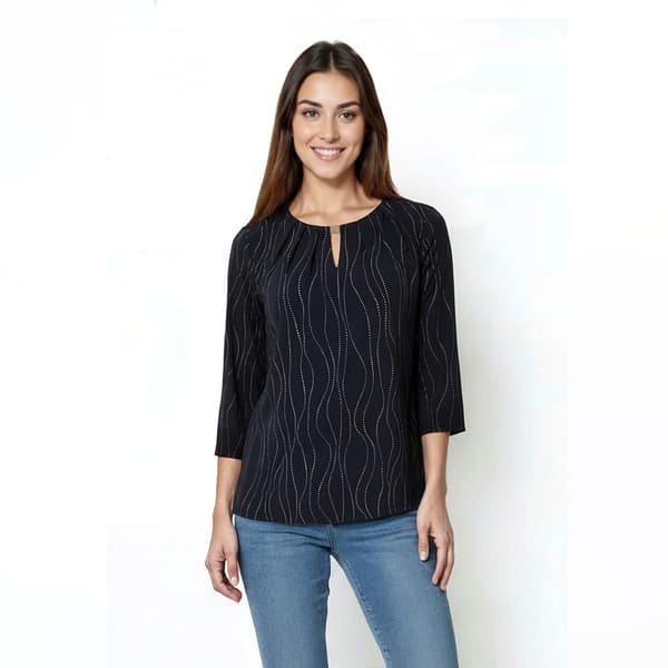 Womens Kasper 3/4 Sleeve Pleat Neck Wavy Dew Drop Blouse - image 
