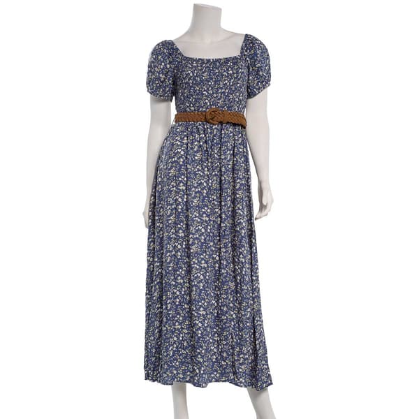 Juniors Wallflower Challis Smock Bodice Puff Sleeve Maxi Dress