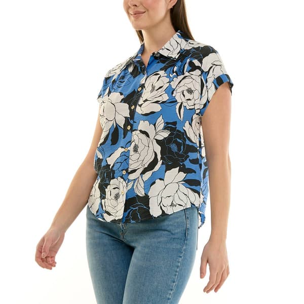 Womens Zac & Rachel Cap Sleeve Floral Button Front Blouse