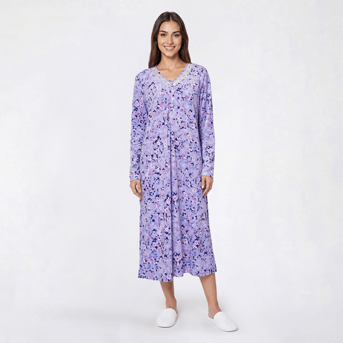 Womens Charmour Long Sleeve Wildflowers Velour Henley Nightgown - image 
