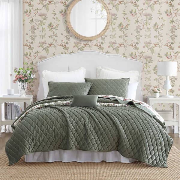Laura Ashley Solid Diamond Stitch Velvet-Textured Quilt Set - image 