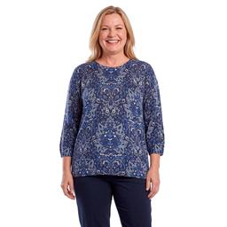 Plus Size Emily Daniels 3/4 Sleeve Rhinestone Damask Sweater