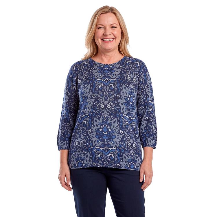 Plus Size Emily Daniels 3/4 Sleeve Rhinestone Damask Sweater