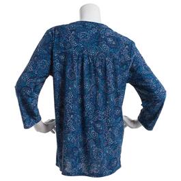 Womens Napa Valley 3/4 Sleeve Paisley Pleat Knit Henley - Blue