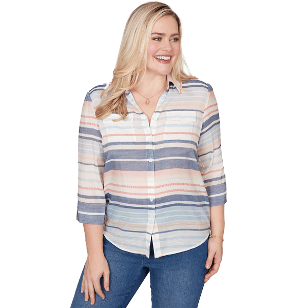 Womens Alfred Dunner Port Side Textured Stripe Button Front Top - image 