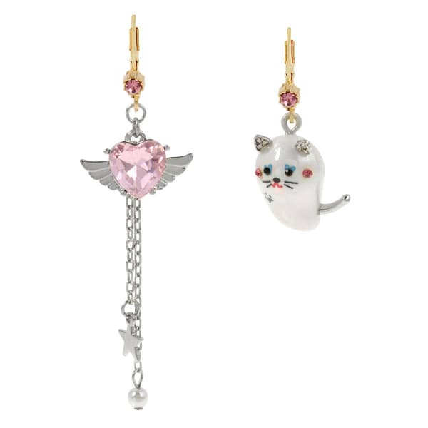 Betsey Johnson Pearl Critters Cat & Winged Heart Earrings