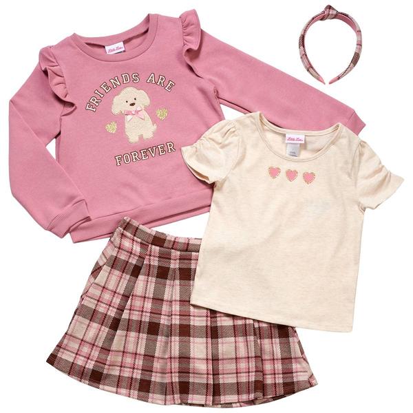 Girls (7-16) Little Lass(R) 3pc. Dog Crew w/Heart Tee & Plaid Skirt - image 