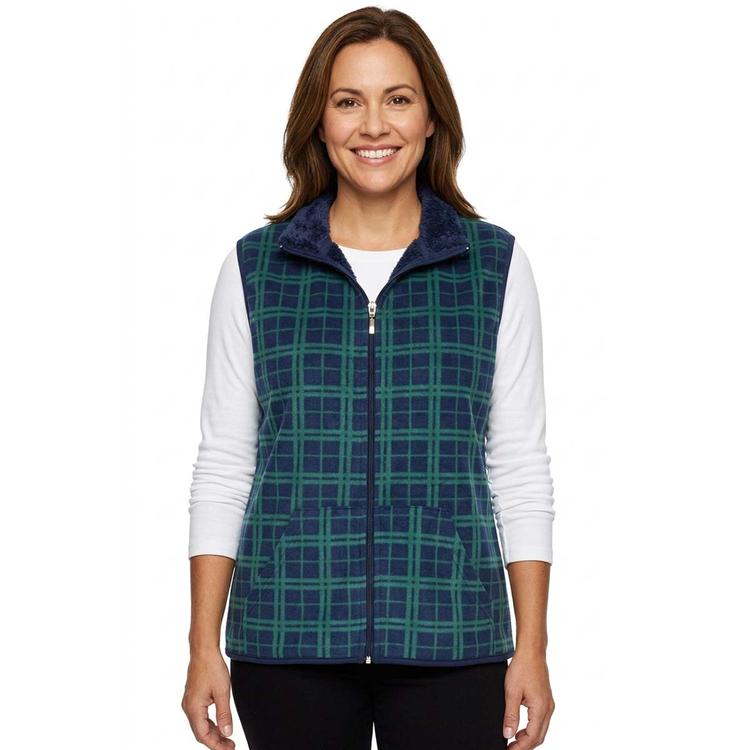 Petite Hasting & Smith Plaid Vest with Sherpa Trim -Black Iris