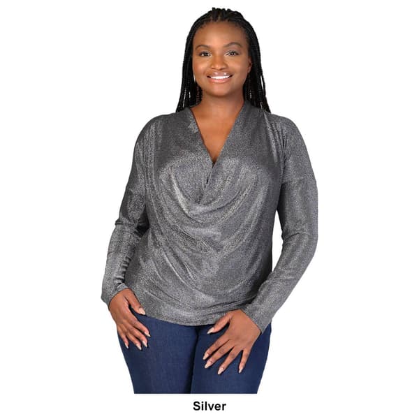 Plus Size 24/7 Comfort Apparel Cowl Neck Shimmery Fabric Top