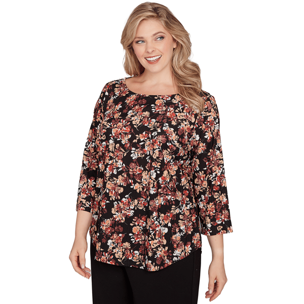 Plus Size Emaline Key Items 3/4 Sleeve Floral Boat Neck Blouse