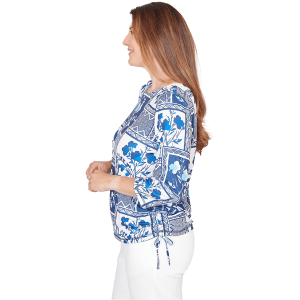 Petites Alfred Dunner Mykonos Framed Floral Ruched Side Tie Top