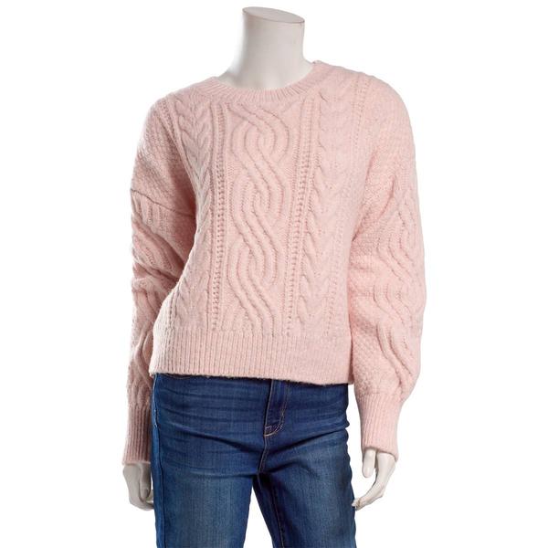 Juniors Pink Rose Mix Cable Balloon Sleeve Sweater - image 