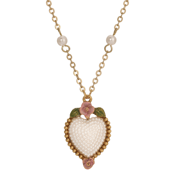 1928 Jewelry Faux Pearl Heart Flower Enamel Necklace - image 