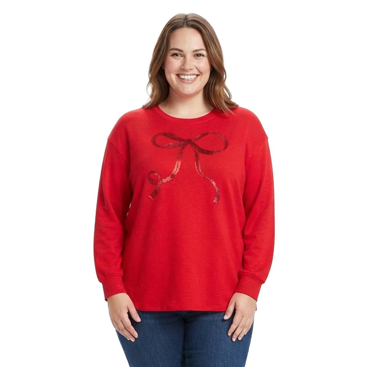 Plus Size Tru Self Long Sleeve Drop Shoulder Sequin Bow Sweater