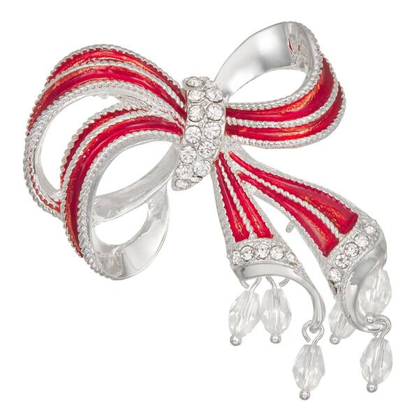 Napier Silver-Tone Red Crystal Holiday Bow Pin - image 