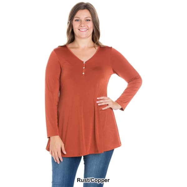 Plus Size 24/7 Comfort Apparel Flared Long Sleeve Henley Tunic