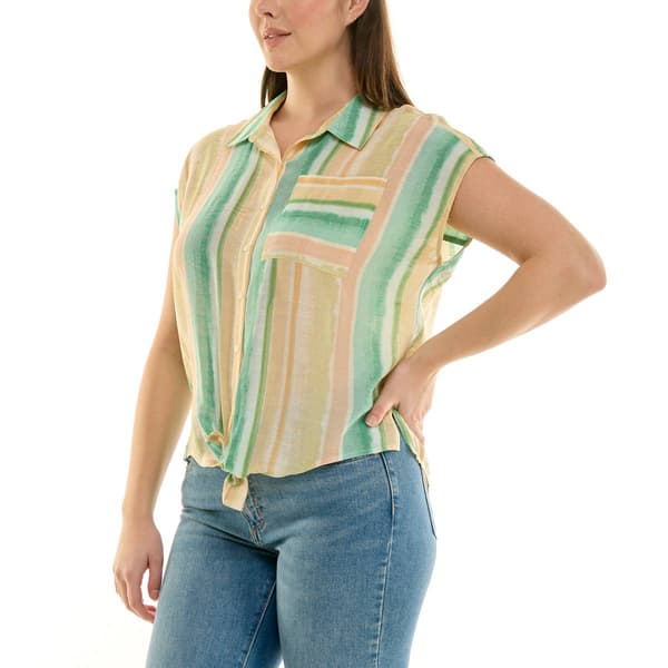 Plus Size Zac & Rachel Cap Sleeve Stripe Tie Front Blouse