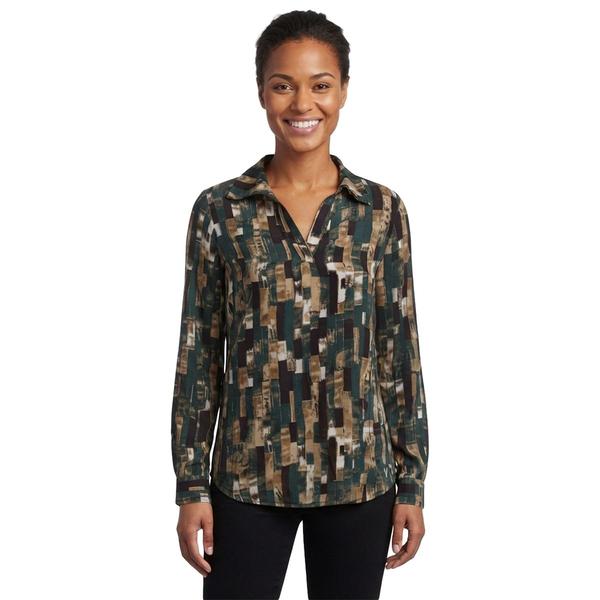 Petite AK Anne Klein Long Sleeve Split Neck Color Block Blouse - image 