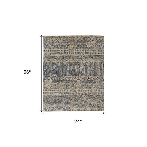 HomeRoots Tan Ivory & Blue Wool Geometric Hand Knotted Accent Rug