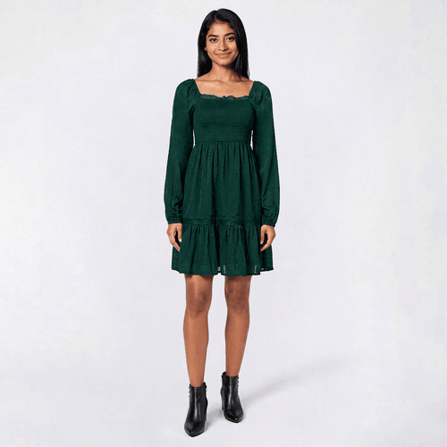 Juniors Jolt Long Sleeve Jacquard Trim Smock Bodice A-Line Dress - image 