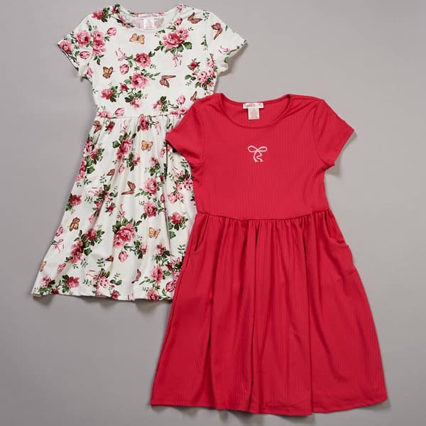 Girls (7-12) Emma & Elsa 2pk. Short Sleeve Floral & Bow Dress - image 
