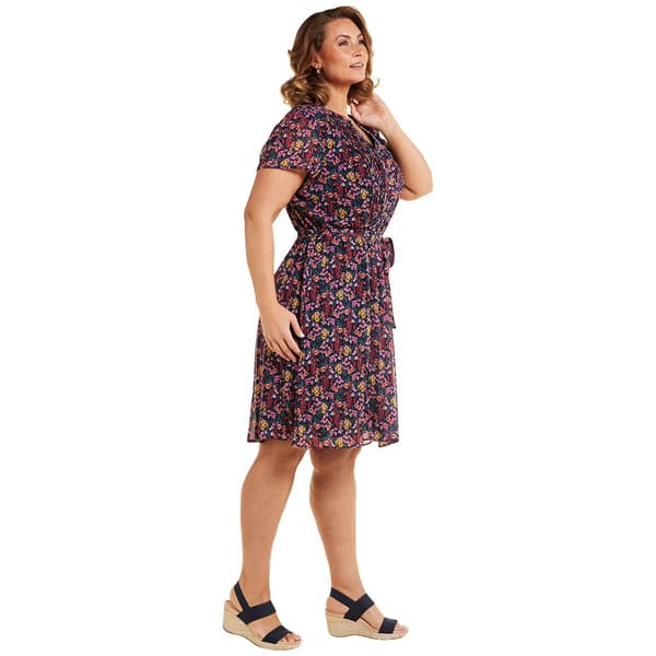 Plus Size MSK Short Sleeve Chiffon Floral Pintuck Midi Dress