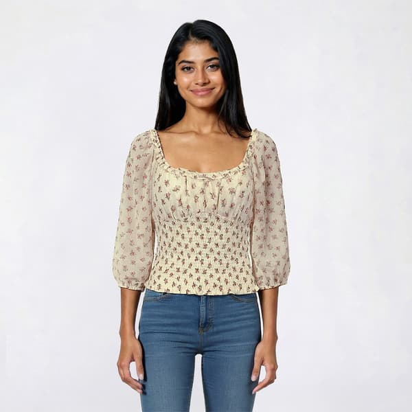 Juniors Madden Girl 3/4 Sleeve Floral Smocked Blouse - image 
