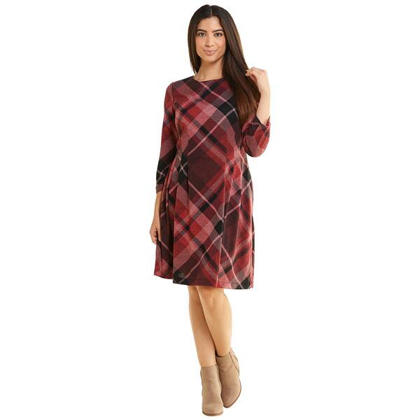 Petite Connected Apparel Long Sleeve Plaid A-Line Dress - image 