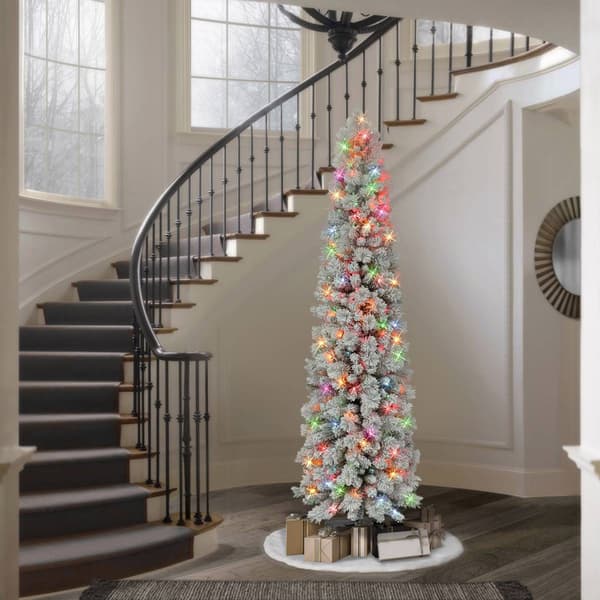 Puleo International 7.5ft. Pre-Lit Flocked Christmas Pine Tree