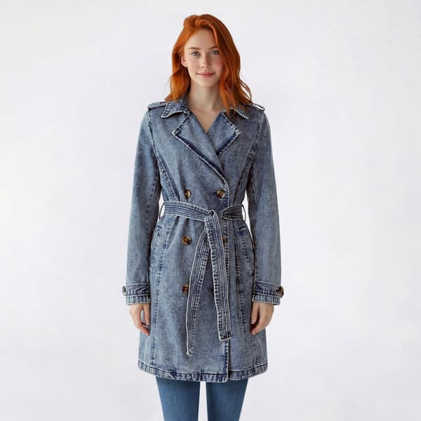 Juniors Stoosh Denim Wash Trench Coat with Tie Belt - image 