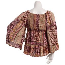 Juniors Plus Angie Floral V-Neck Smock Bodice Long Sleeve Top